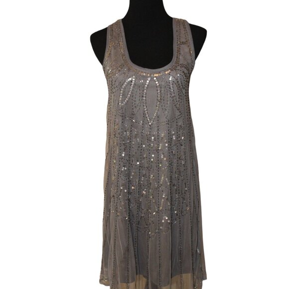ANGIE Silver Beaded Mini Dress Stunning Gray Swing Gatsby S Small HOLIDAY PARTY - Picture 1 of 13